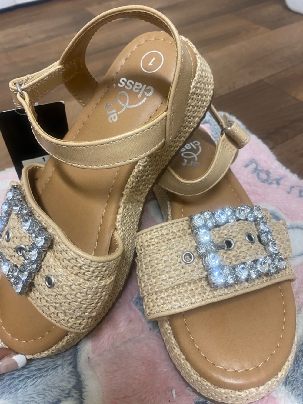 art class Tan Woven Girls' Sandals with Rhinestone Buckle